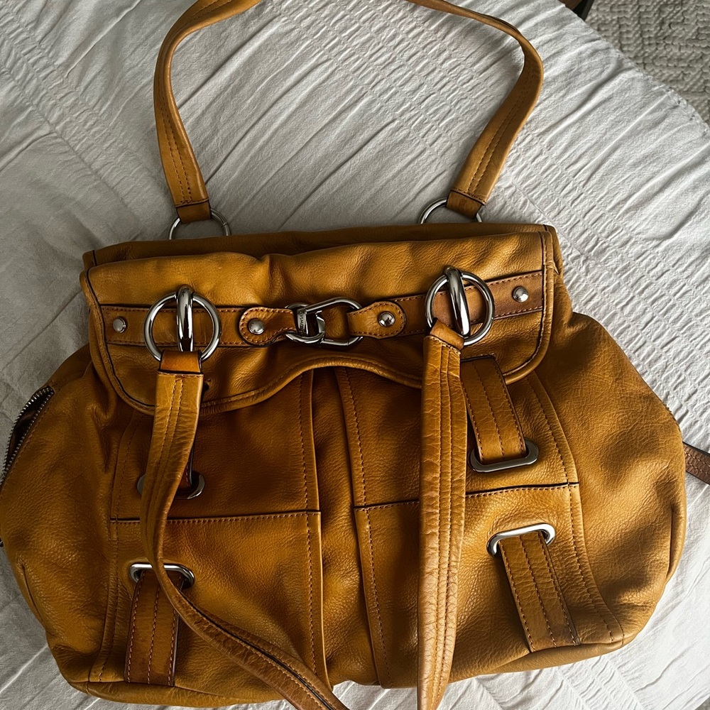 B. Makowsky Tan Leather Shoulder Bag with Adjustable Straps. 12”wide x 15”tall